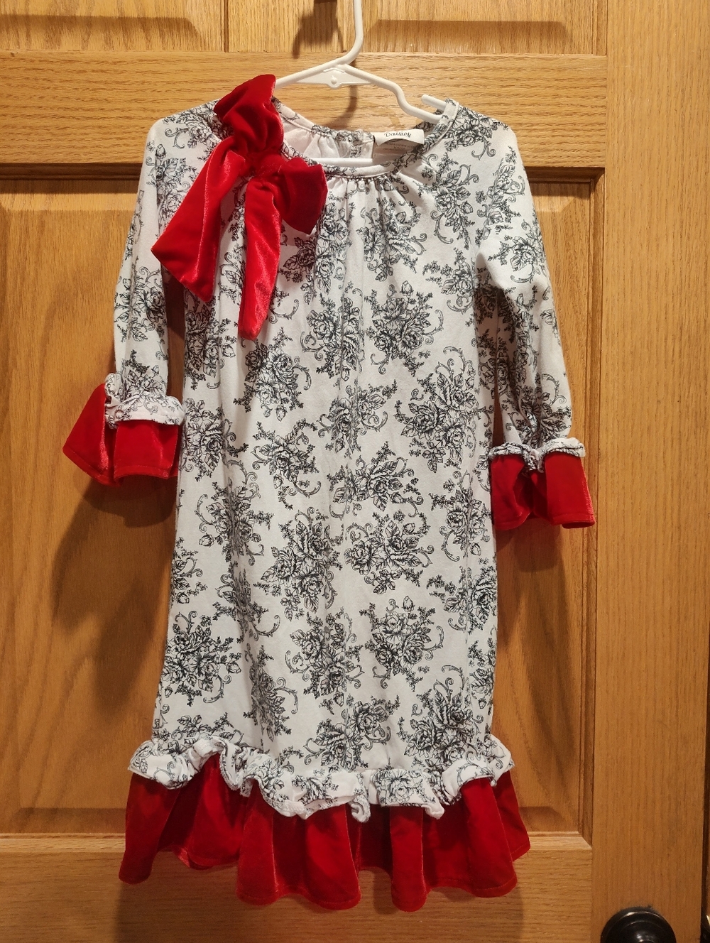 Counting Daisies White-Black Damask Dress with Red Velvet Trim